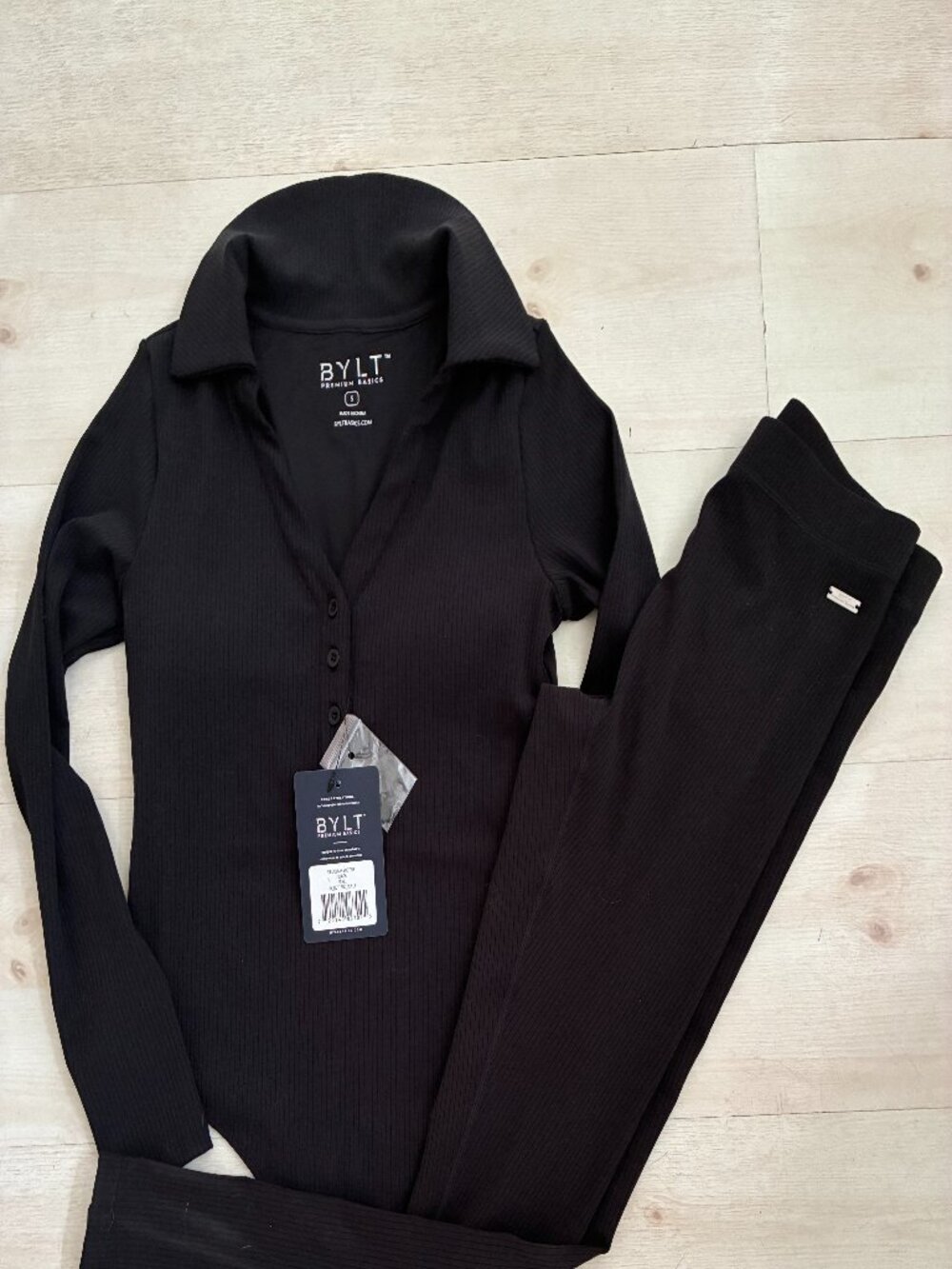 NWT BYLT Basics Ribbed Set: Rib Collar Bodysuit & High-Waist Leggings Black S